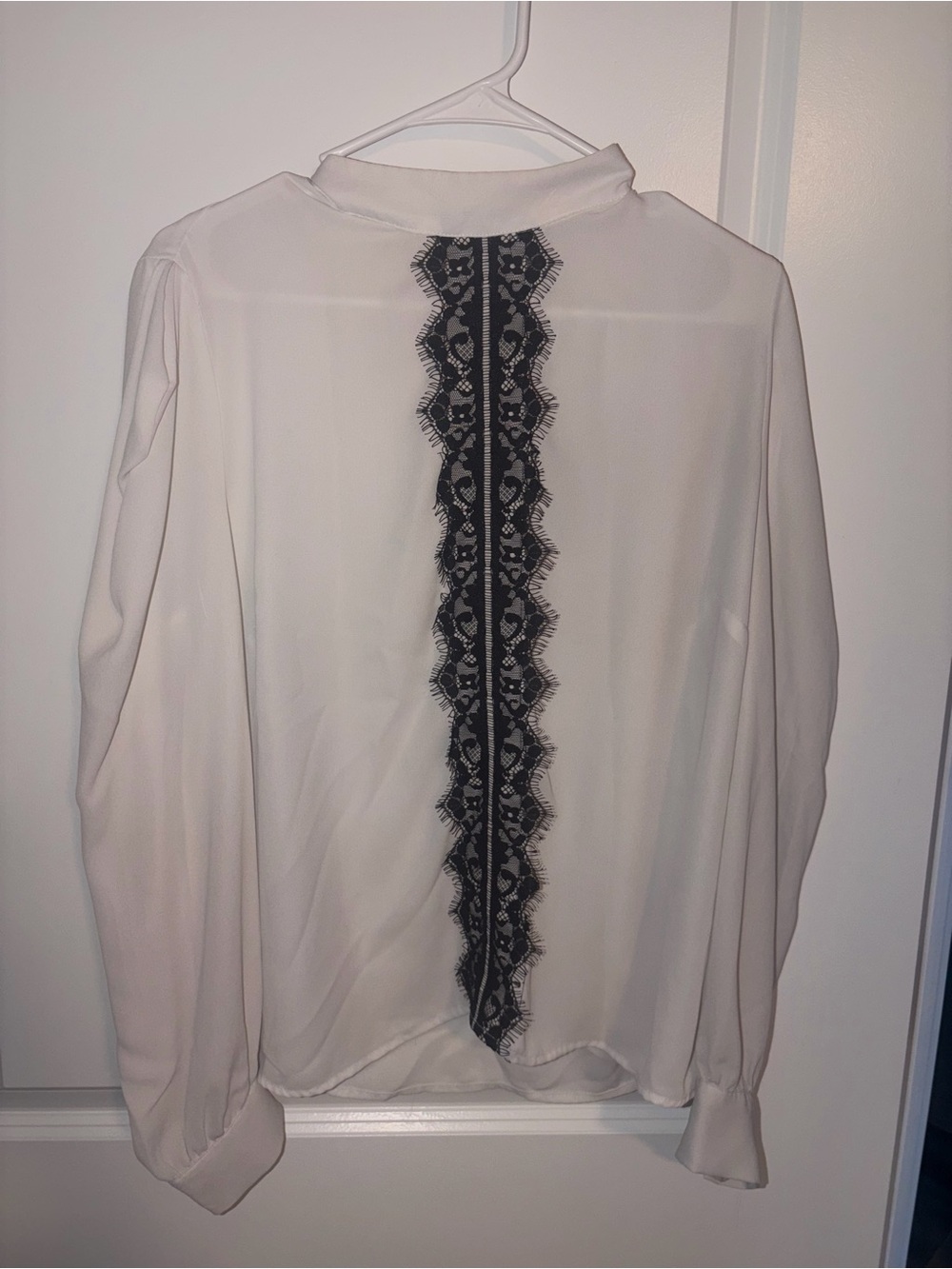 New York & Company Cream Blouse with Black Lace Back Trim